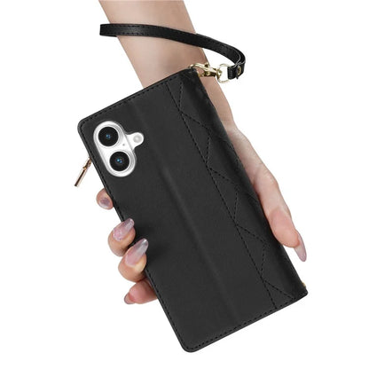 For iPhone 16 Plus Case Rhombus Stitching Leather Wallet Phone Cover with Long  /  Short Strap