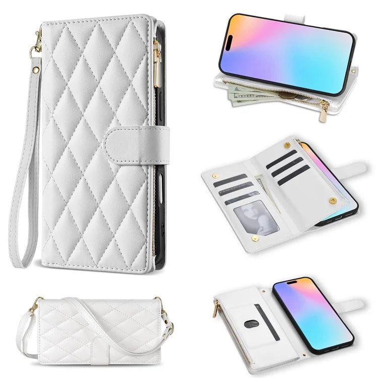 For iPhone 16 Plus Case Rhombus Stitching Leather Wallet Phone Cover with Long  /  Short Strap