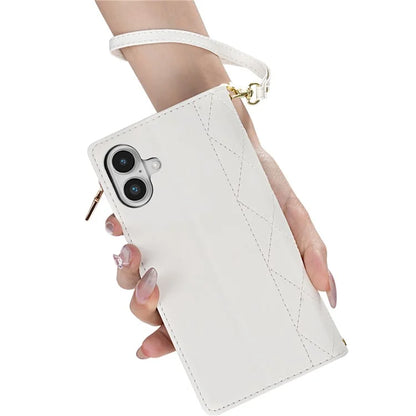 For iPhone 16 Plus Case Rhombus Stitching Leather Wallet Phone Cover with Long  /  Short Strap