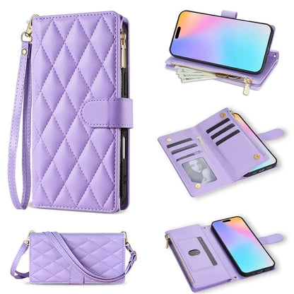 For iPhone 16 Plus Case Rhombus Stitching Leather Wallet Phone Cover with Long  /  Short Strap