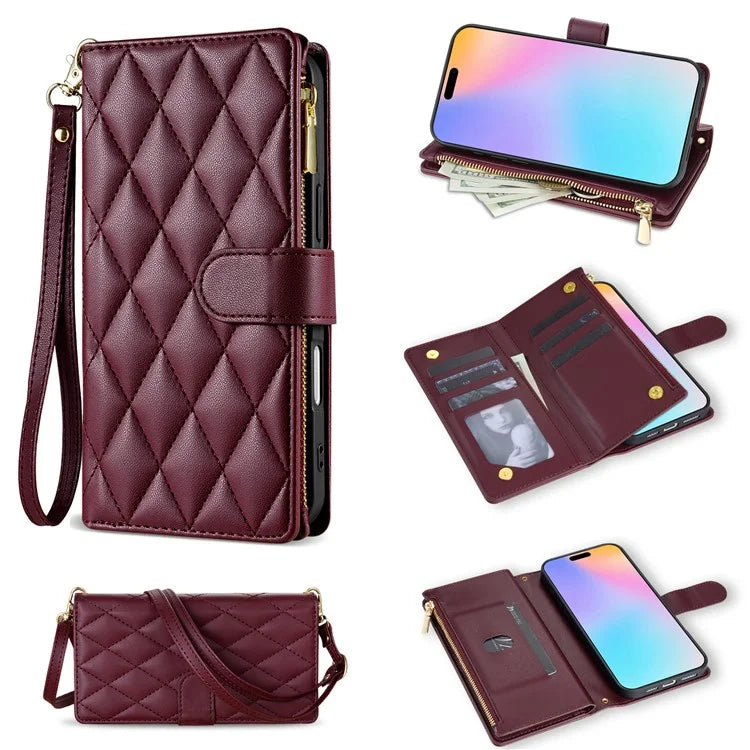 For iPhone 16 Plus Case Rhombus Stitching Leather Wallet Phone Cover with Long  /  Short Strap