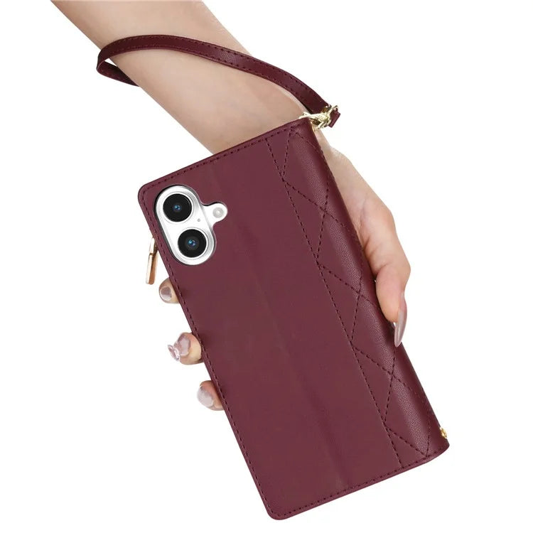 For iPhone 16 Plus Case Rhombus Stitching Leather Wallet Phone Cover with Long  /  Short Strap