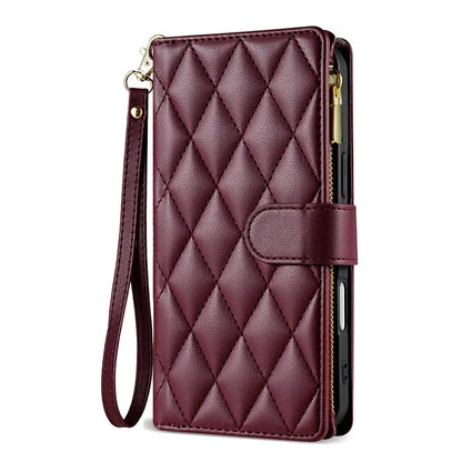 For iPhone 16 Plus Case Rhombus Stitching Leather Wallet Phone Cover with Long  /  Short Strap