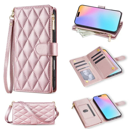 For iPhone 16 Plus Case Rhombus Stitching Leather Wallet Phone Cover with Long  /  Short Strap