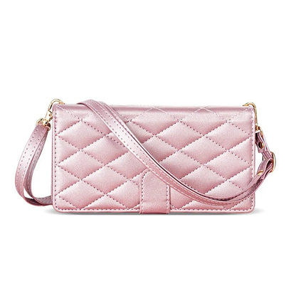 For iPhone 16 Plus Case Rhombus Stitching Leather Wallet Phone Cover with Long  /  Short Strap