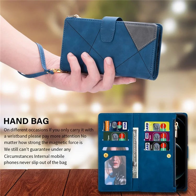 For iPhone 16 Wallet Case Color Splicing Leather Phone Cover with Stand
