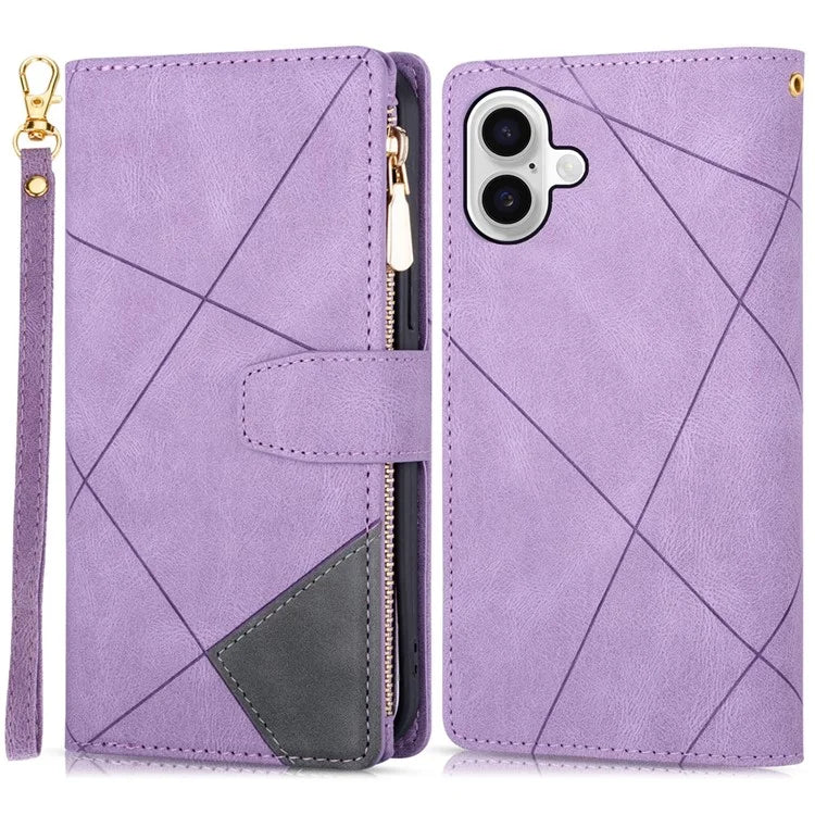 For iPhone 16 Plus Wallet Case Color Splicing Leather Phone Cover with Stand