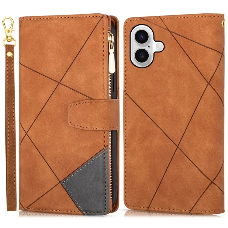 For iPhone 16 Plus Wallet Case Color Splicing Leather Phone Cover with Stand