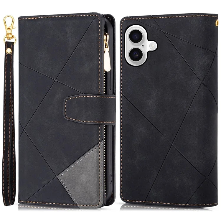 For iPhone 16 Plus Wallet Case Color Splicing Leather Phone Cover with Stand