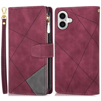 For iPhone 16 Plus Wallet Case Color Splicing Leather Phone Cover with Stand