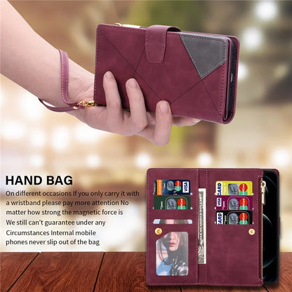 For iPhone 16 Plus Wallet Case Color Splicing Leather Phone Cover with Stand