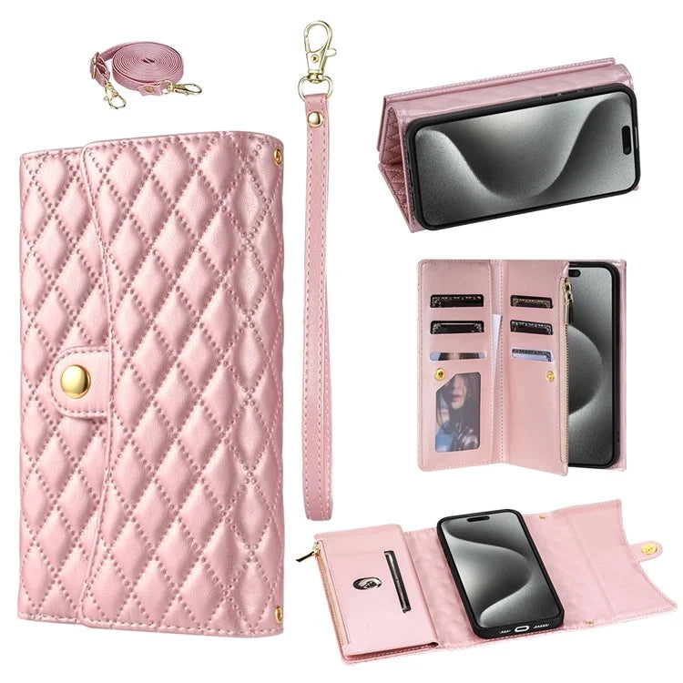 BKS-002 For iPhone 16 Wallet Case PU Leather Stand Phone Cover with Shoulder Strap