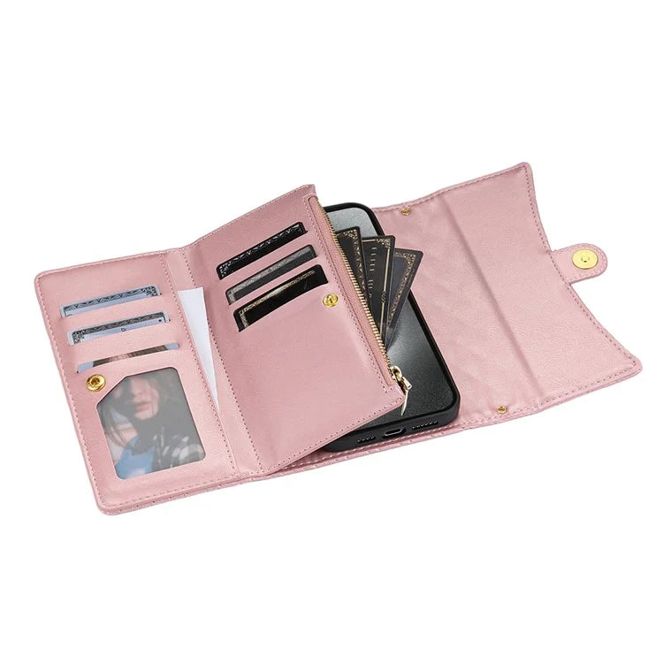 BKS-002 For iPhone 16 Wallet Case PU Leather Stand Phone Cover with Shoulder Strap