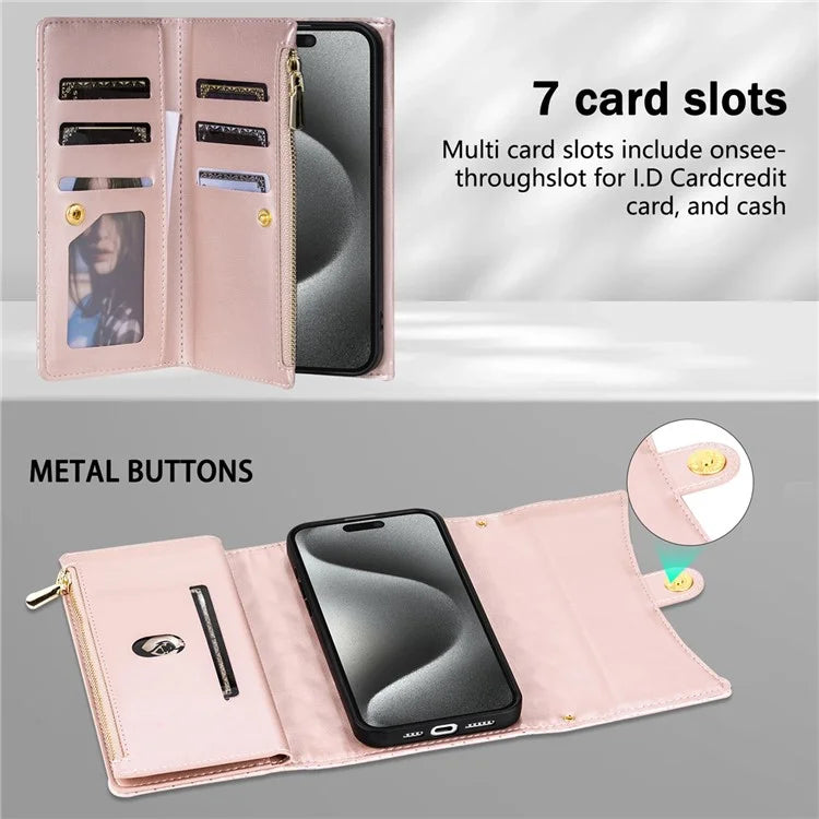BKS-002 For iPhone 16 Wallet Case PU Leather Stand Phone Cover with Shoulder Strap