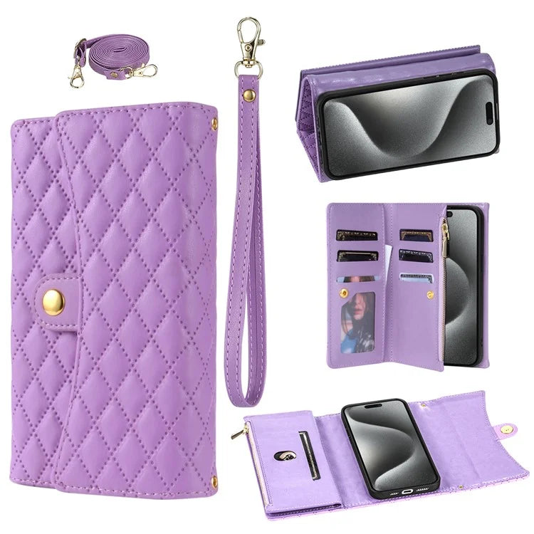 BKS-002 For iPhone 16 Wallet Case PU Leather Stand Phone Cover with Shoulder Strap