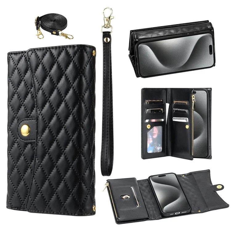BKS-002 For iPhone 16 Wallet Case PU Leather Stand Phone Cover with Shoulder Strap