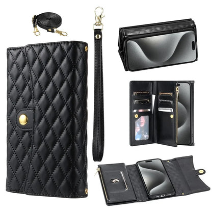 BKS-002 For iPhone 16 Wallet Case PU Leather Stand Phone Cover with Shoulder Strap