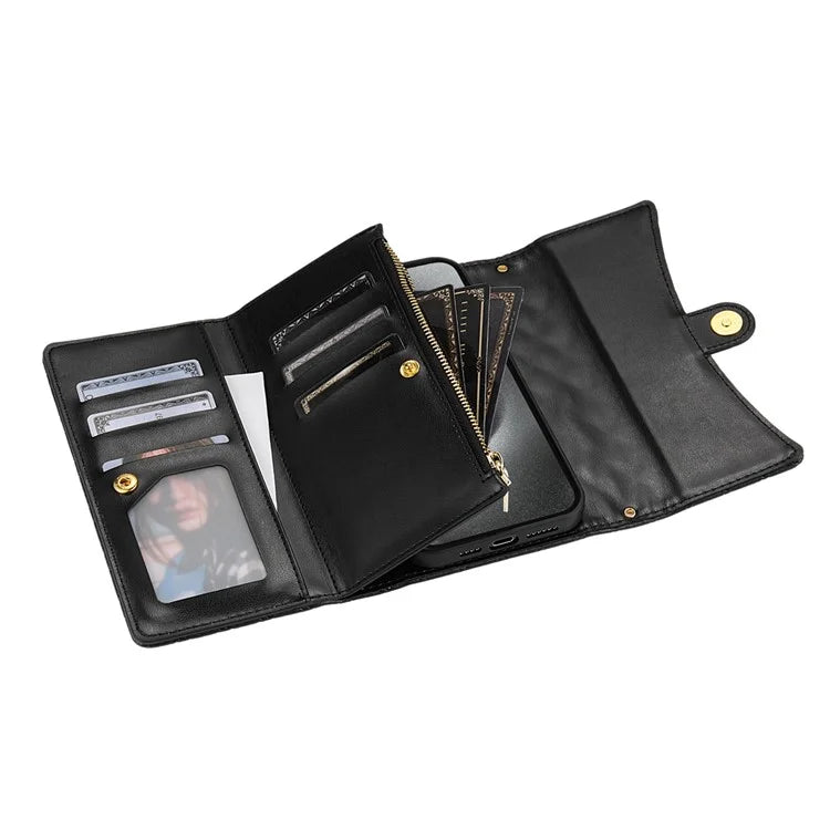 BKS-002 For iPhone 16 Wallet Case PU Leather Stand Phone Cover with Shoulder Strap