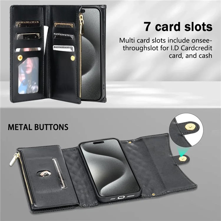 BKS-002 For iPhone 16 Wallet Case PU Leather Stand Phone Cover with Shoulder Strap