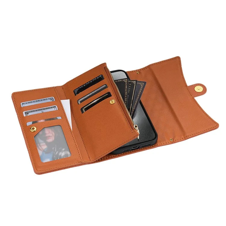 BKS-002 For iPhone 16 Wallet Case PU Leather Stand Phone Cover with Shoulder Strap