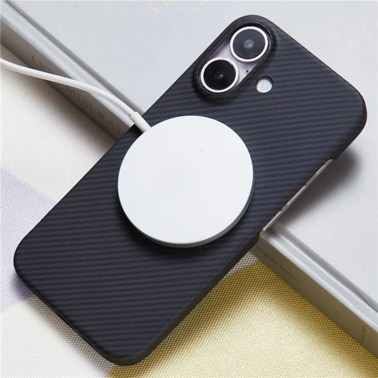 For iPhone 16 Case Aramid Fiber 600D Fine Texture Magnetic Phone Cover - Black