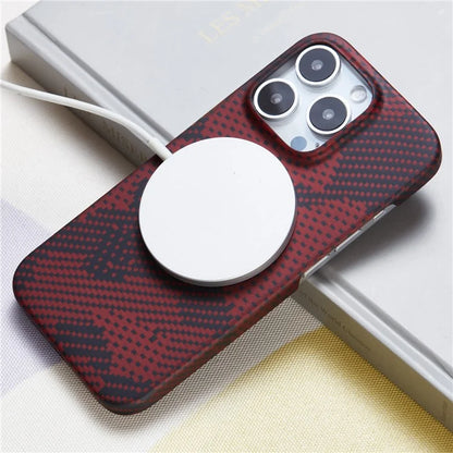 For iPhone 16 Pro Magnetic Case Camouflage Red Aramid Fiber Phone Cover