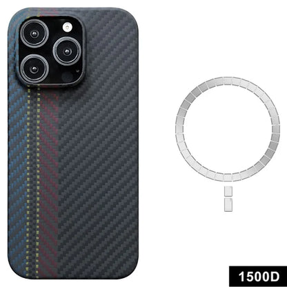 For iPhone 16 Pro Max Magnetic Case 1500D Texture Aramid Fiber Color Woven Pattern Phone Cover (Big Lens Hole)