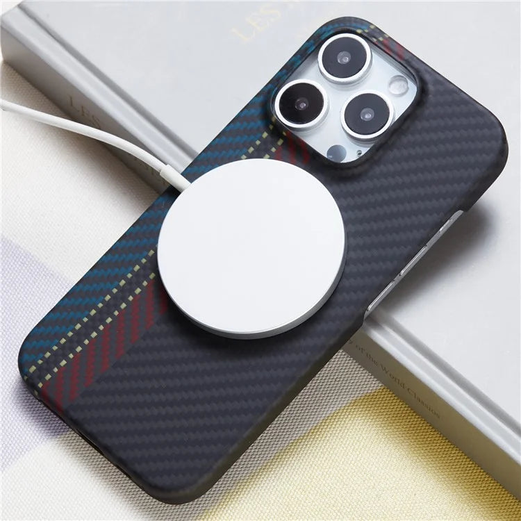 For iPhone 16 Pro Max Magnetic Case 1500D Texture Aramid Fiber Color Woven Pattern Phone Cover (Big Lens Hole)
