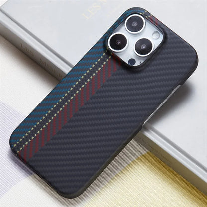 For iPhone 16 Pro Max Magnetic Case 1500D Texture Aramid Fiber Color Woven Pattern Phone Cover (Big Lens Hole)