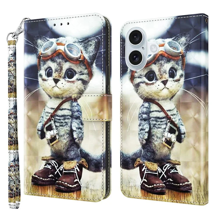 For iPhone 16 Case Stand Pattern Printing Leather Phone Cover