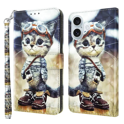 For iPhone 16 Case Stand Pattern Printing Leather Phone Cover