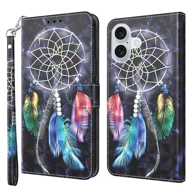 For iPhone 16 Case Stand Pattern Printing Leather Phone Cover