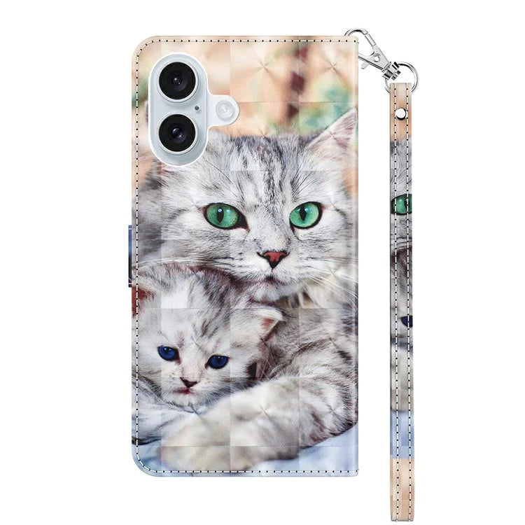 For iPhone 16 Case Stand Pattern Printing Leather Phone Cover