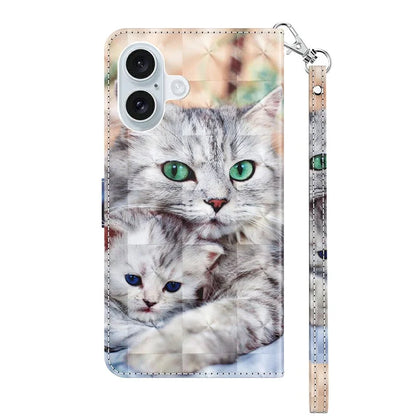 For iPhone 16 Case Stand Pattern Printing Leather Phone Cover