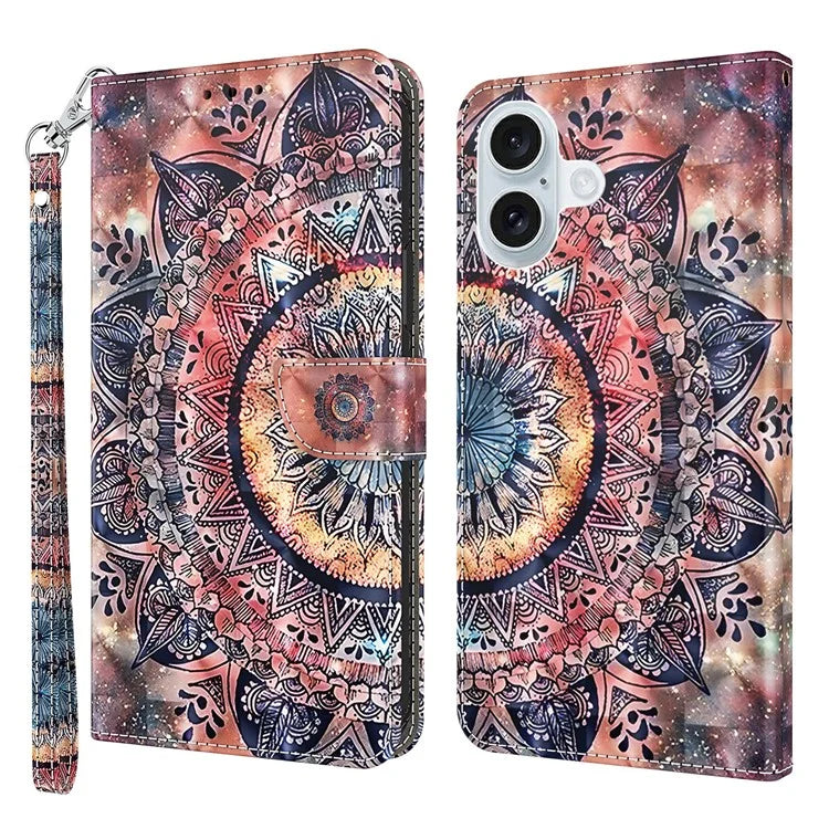 For iPhone 16 Case Stand Pattern Printing Leather Phone Cover