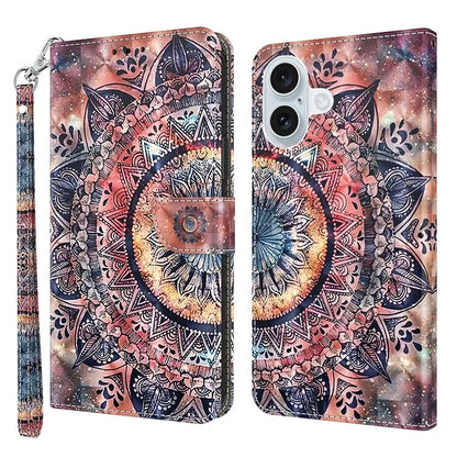 For iPhone 16 Case Stand Pattern Printing Leather Phone Cover