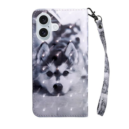 For iPhone 16 Case Stand Pattern Printing Leather Phone Cover