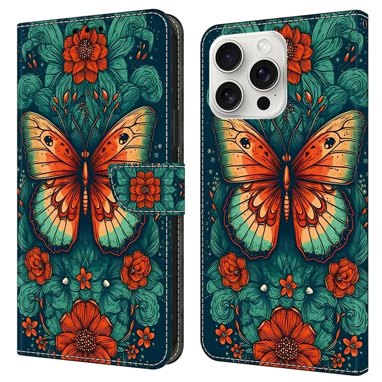 For iPhone 16 Pro Case Pattern Printed Protective Leather Flip Phone Case