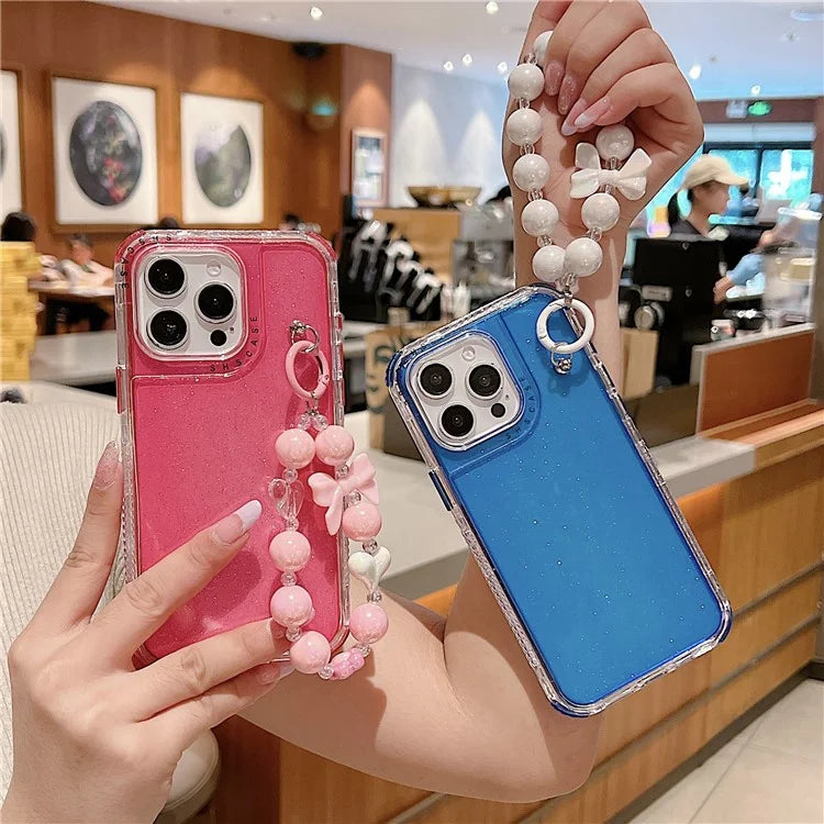 For iPhone 16 Pro Case Anti-Drop Glitter Design PC+TPU Phone Cover with Strap