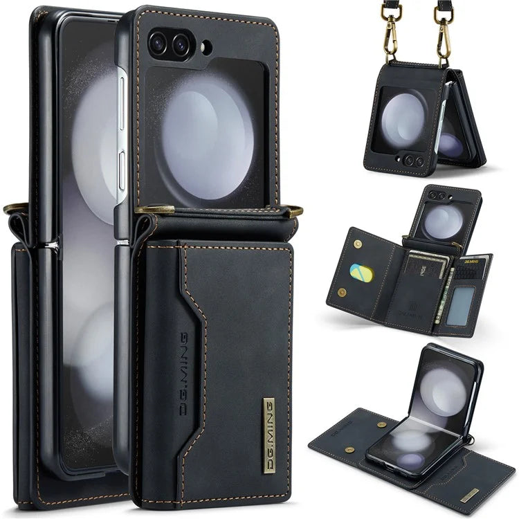 DG.MING M2 Series for Samsung Galaxy Z Flip6 5G Case PU+PC Phone Cover with Wallet, Strap