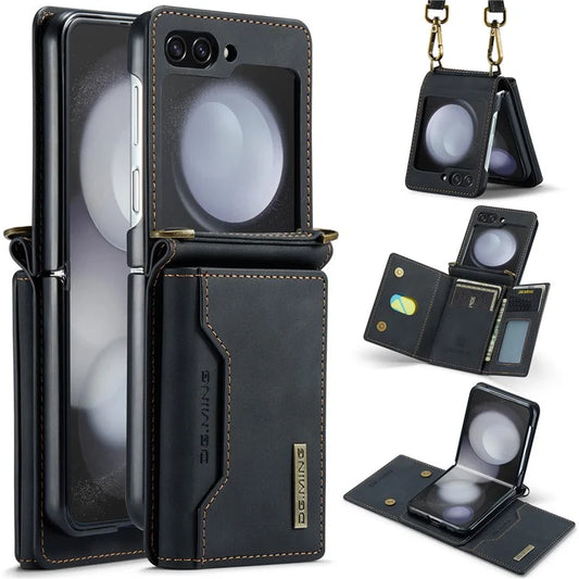DG.MING M2 Series for Samsung Galaxy Z Flip6 5G Case PU+PC Phone Cover with Wallet, Strap