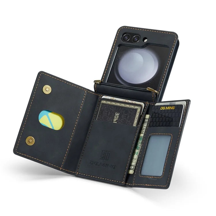 DG.MING M2 Series for Samsung Galaxy Z Flip6 5G Case PU+PC Phone Cover with Wallet, Strap