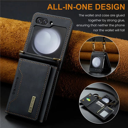 DG.MING M2 Series for Samsung Galaxy Z Flip6 5G Case PU+PC Phone Cover with Wallet, Strap