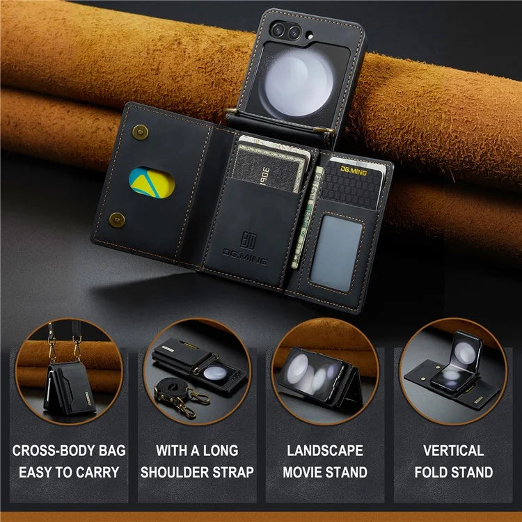 DG.MING M2 Series for Samsung Galaxy Z Flip6 5G Case PU+PC Phone Cover with Wallet, Strap