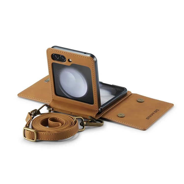 DG.MING M2 Series for Samsung Galaxy Z Flip6 5G Case PU+PC Phone Cover with Wallet, Strap