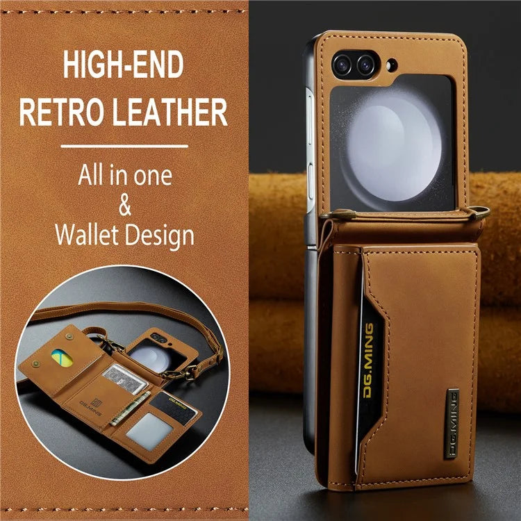 DG.MING M2 Series for Samsung Galaxy Z Flip6 5G Case PU+PC Phone Cover with Wallet, Strap