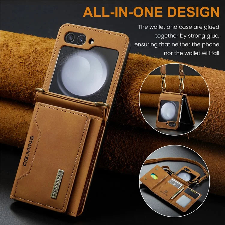 DG.MING M2 Series for Samsung Galaxy Z Flip6 5G Case PU+PC Phone Cover with Wallet, Strap
