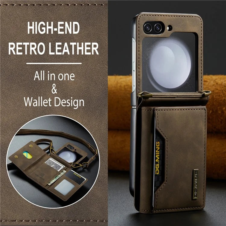 DG.MING M2 Series for Samsung Galaxy Z Flip6 5G Case PU+PC Phone Cover with Wallet, Strap
