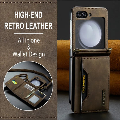 DG.MING M2 Series for Samsung Galaxy Z Flip6 5G Case PU+PC Phone Cover with Wallet, Strap