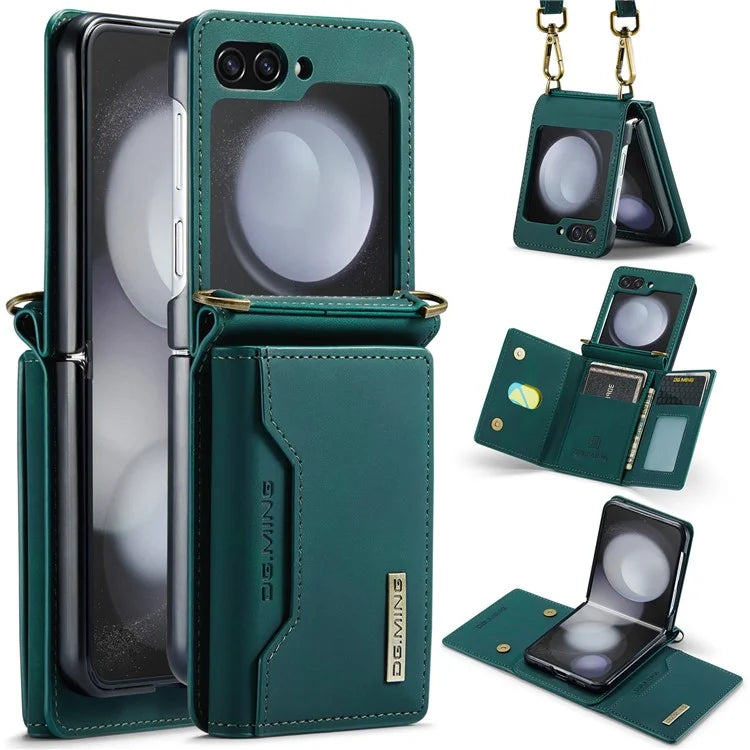 DG.MING M2 Series for Samsung Galaxy Z Flip6 5G Case PU+PC Phone Cover with Wallet, Strap